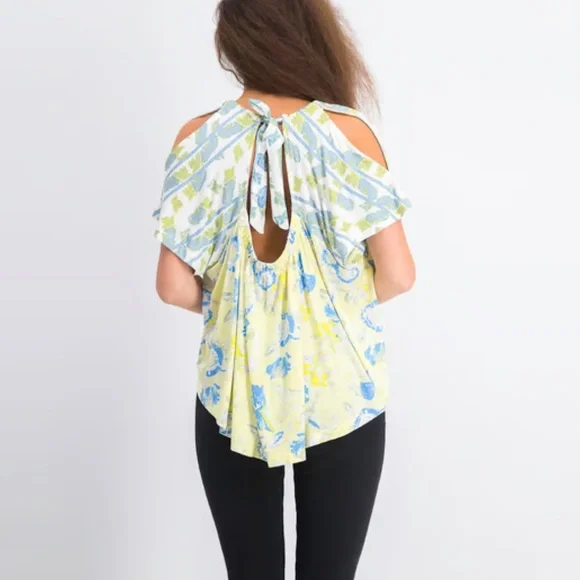 🌼 Free People Baja Babe Yellow Floral Cold Shoulder Flowy Top🌼 - Picture 10 of 12